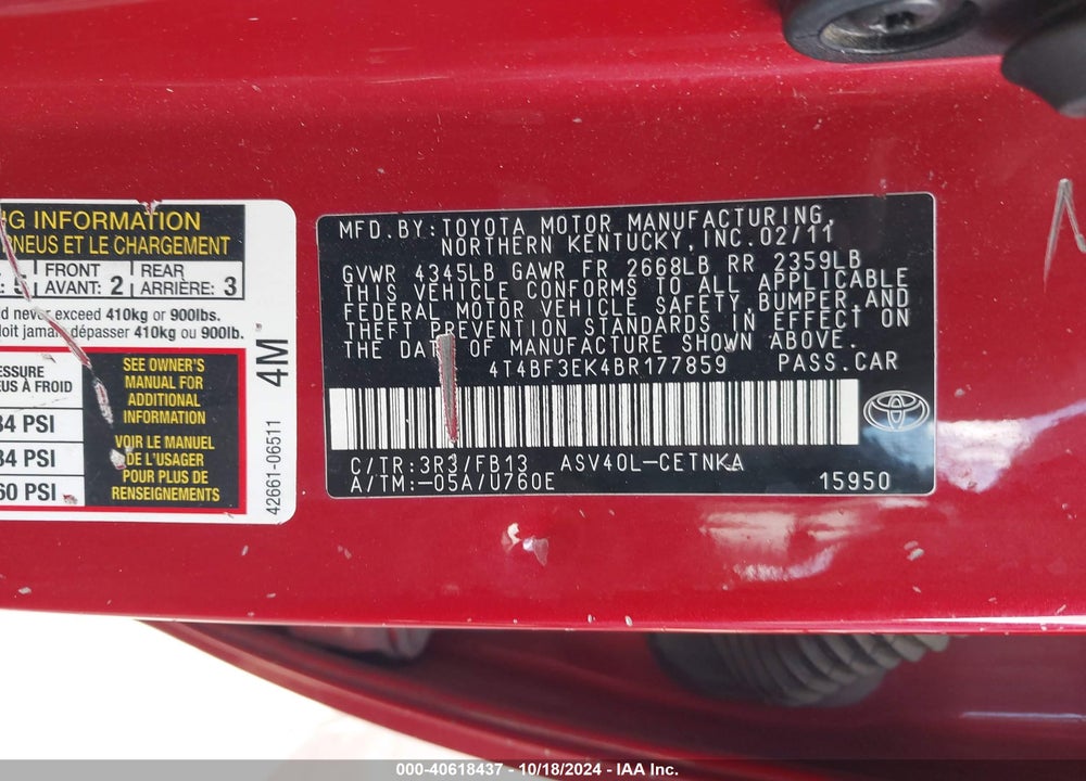 2011 TOYOTA CAMRY LE VIN: 4T4BF3EK4BR177859