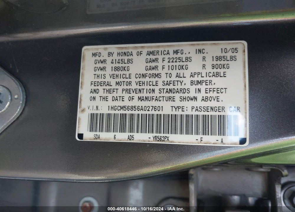2006 HONDA ACCORD 2.4 EX VIN: 1HGCM56856A027601