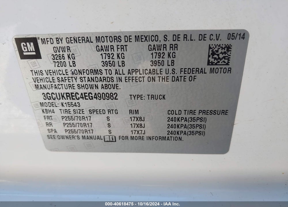 2014 CHEVROLET SILVERADO 1500 1LT VIN: 3GCUKREC4EG490982
