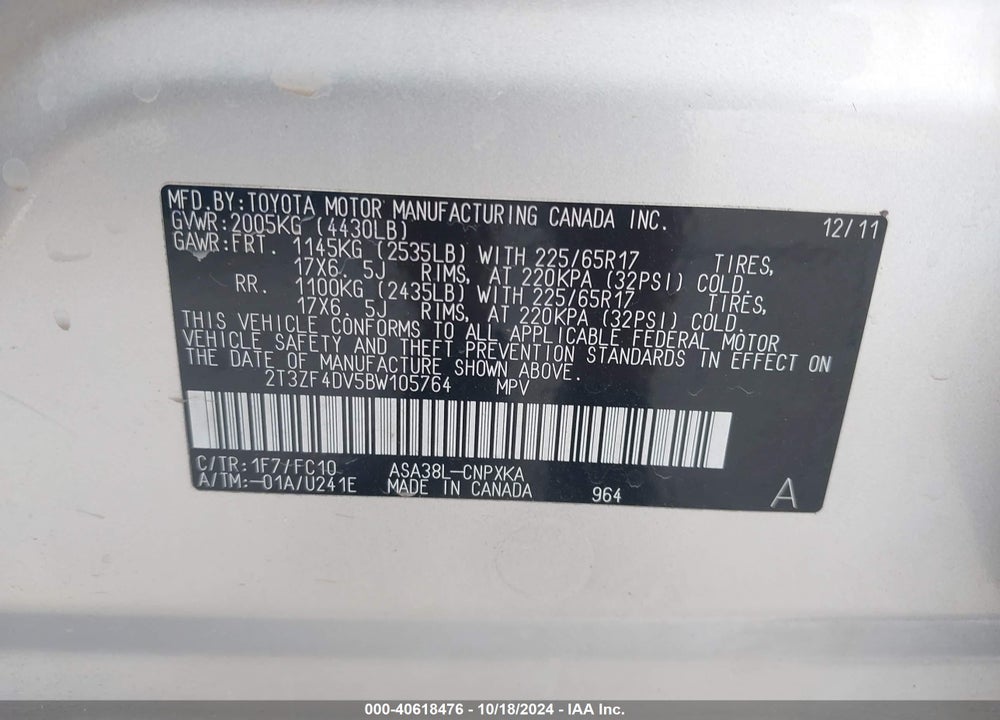 2011 TOYOTA RAV4 VIN: 2T3ZF4DV5BW105764