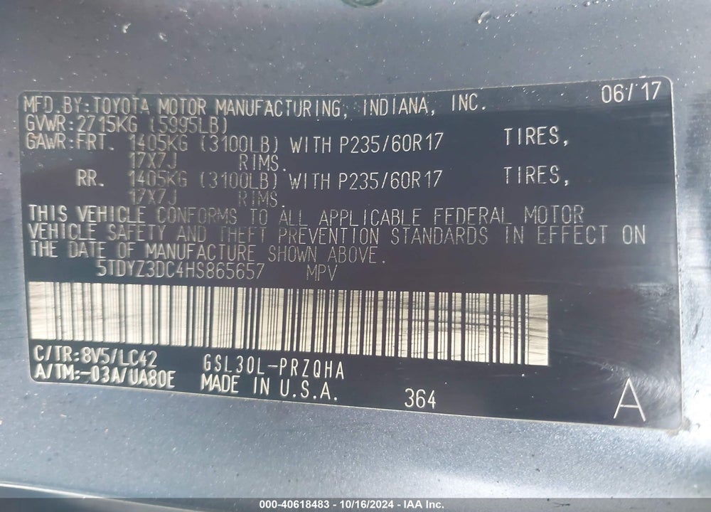 2017 TOYOTA SIENNA XLE LIMITED VIN: 5TDYZ3DC4HS865657