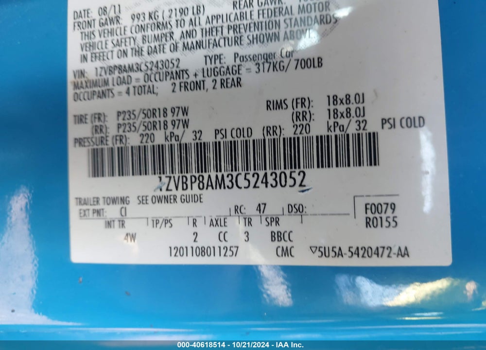 2012 FORD MUSTANG V6 PREMIUM VIN: 1ZVBP8AM3C5243052