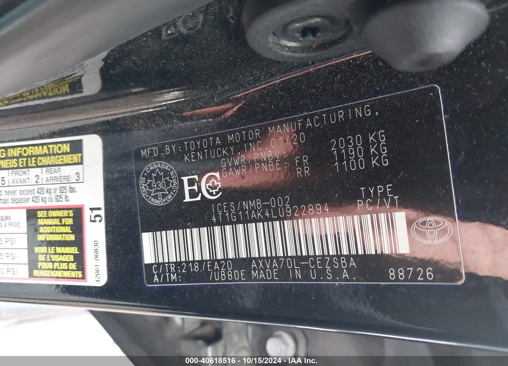 2020 TOYOTA CAMRY SE VIN: 4T1G11AK4LU922894