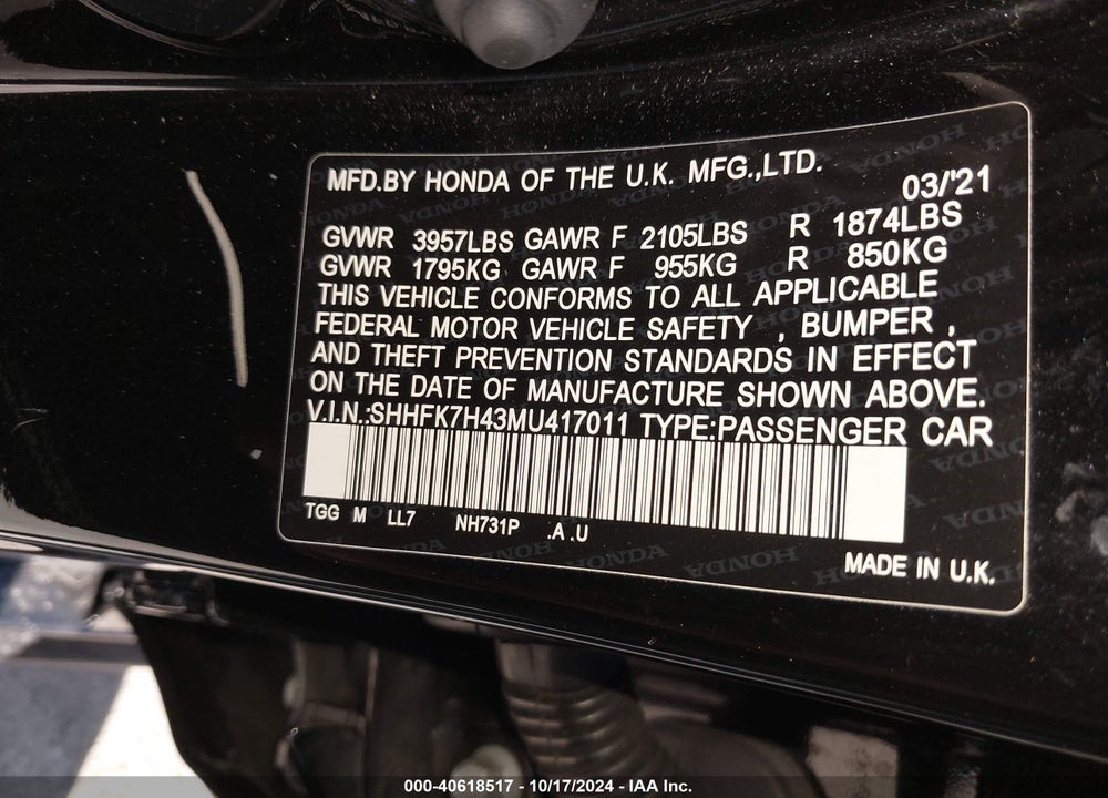2021 HONDA CIVIC SPORT VIN: SHHFK7H43MU417011