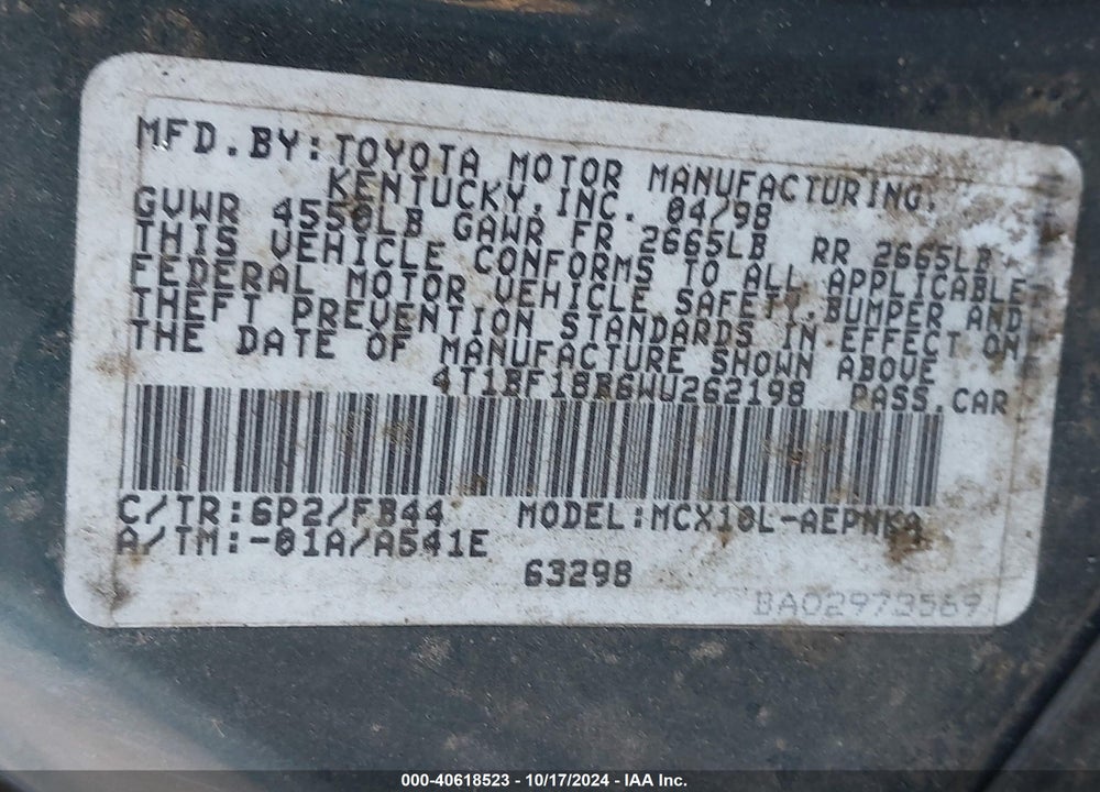 1998 TOYOTA AVALON XL VIN: 4T1BF18B6WU262198