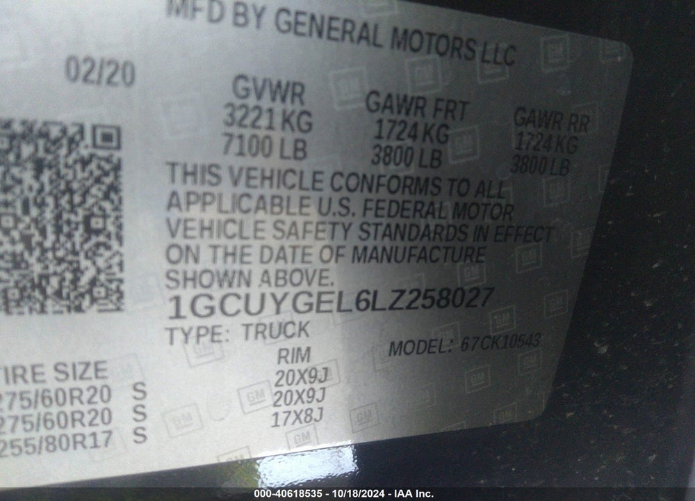 2020 CHEVROLET SILVERADO 1500 4WD SHORT BED LTZ VIN: 1GCUYGEL6LZ258027