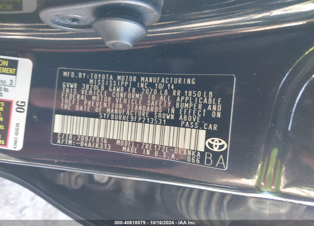 2015 TOYOTA COROLLA LE VIN: 5YFBURHE9FP213531