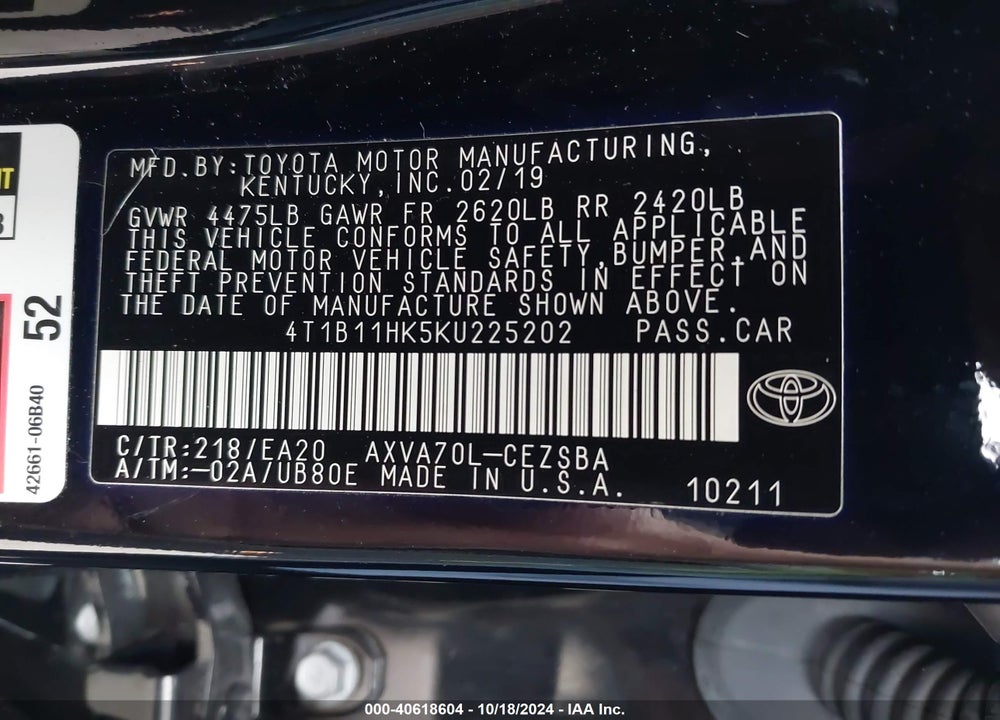 2019 TOYOTA CAMRY SE VIN: 4T1B11HK5KU225202