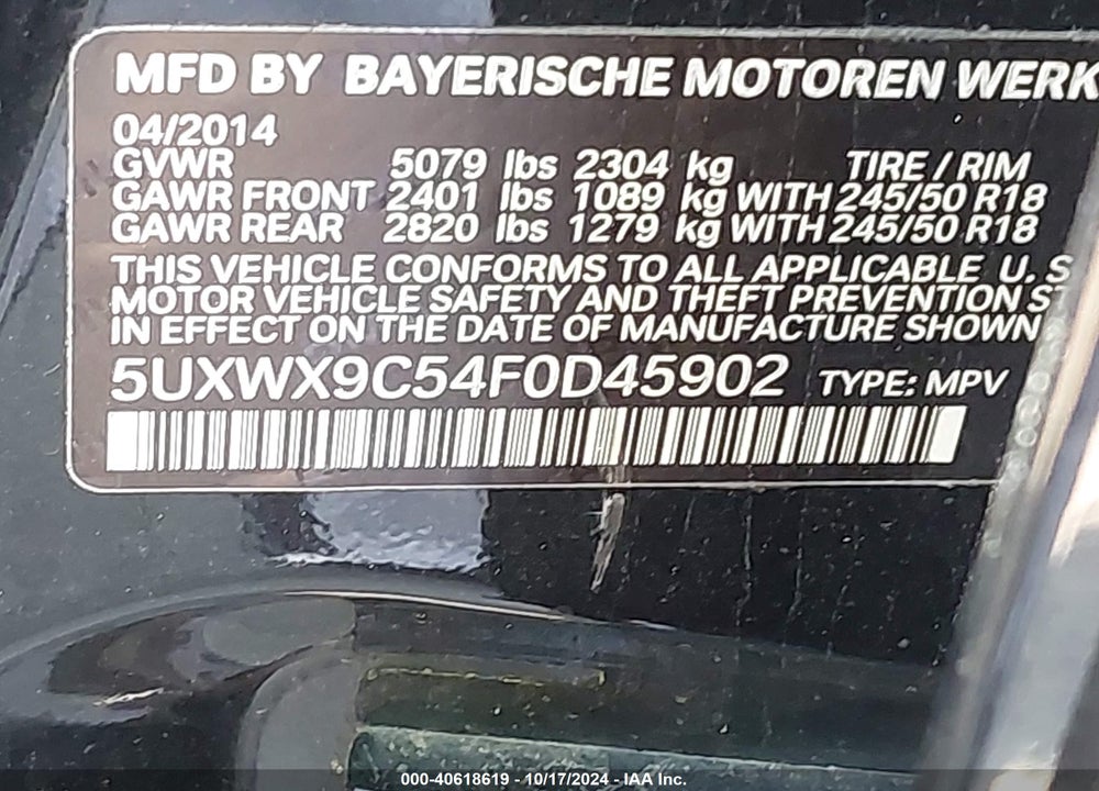 2015 BMW X3 XDRIVE28I VIN: 5UXWX9C54F0D45902