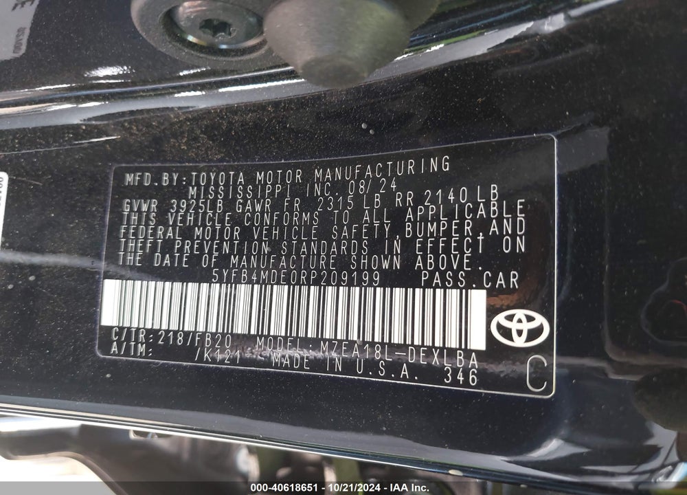 2024 TOYOTA COROLLA LE VIN: 5YFB4MDE0RP209199