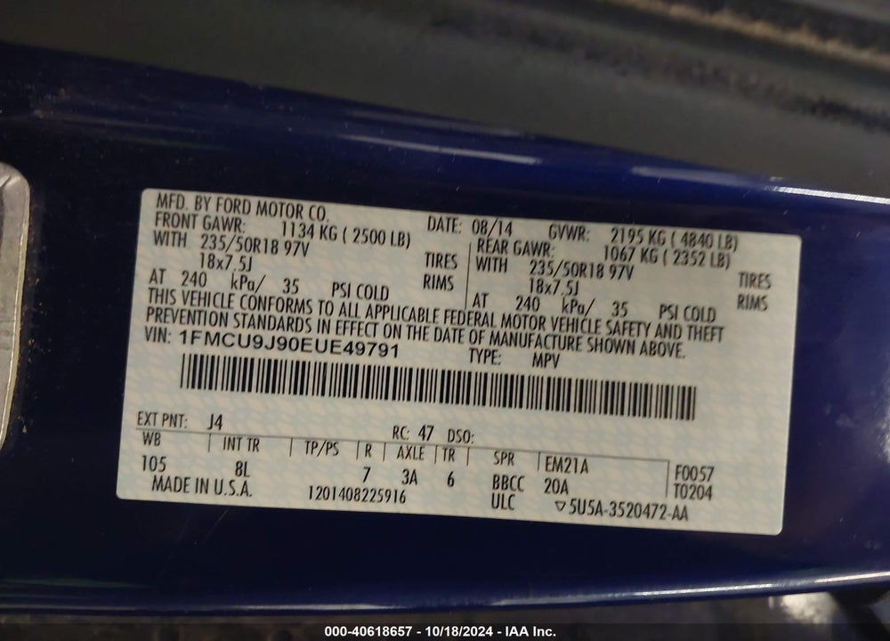 2014 FORD ESCAPE TITANIUM VIN: 1FMCU9J90EUE49791