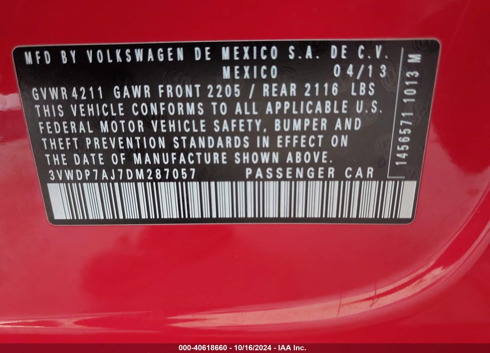 2013 VOLKSWAGEN JETTA 2.5L SE VIN: 3VWDP7AJ7DM287057