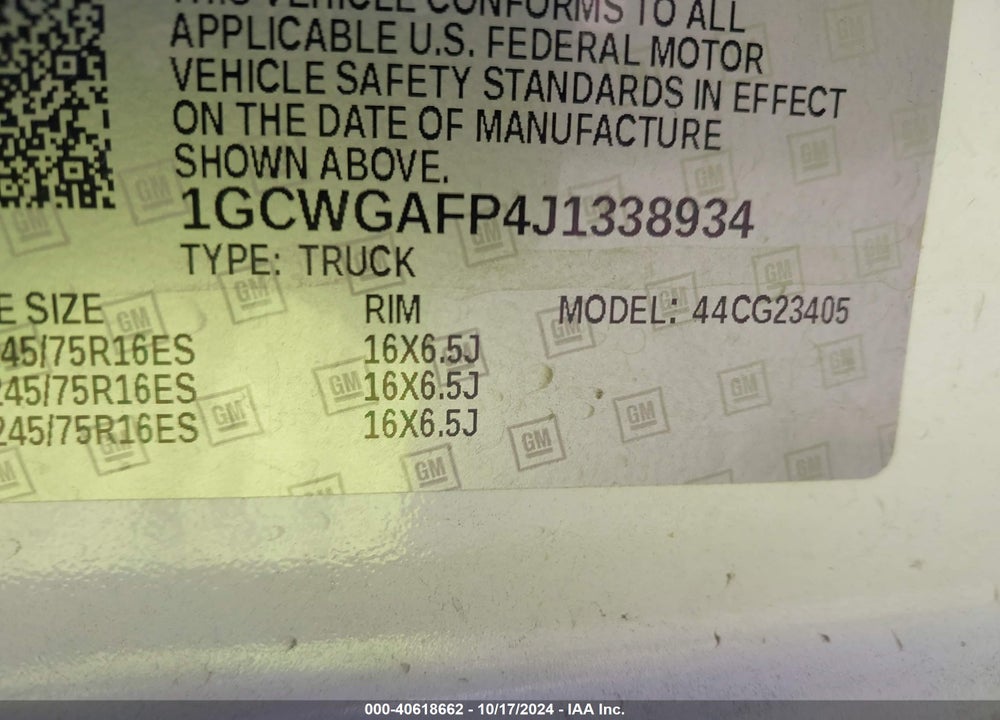 2018 CHEVROLET EXPRESS 2500 WORK VAN VIN: 1GCWGAFP4J1338934