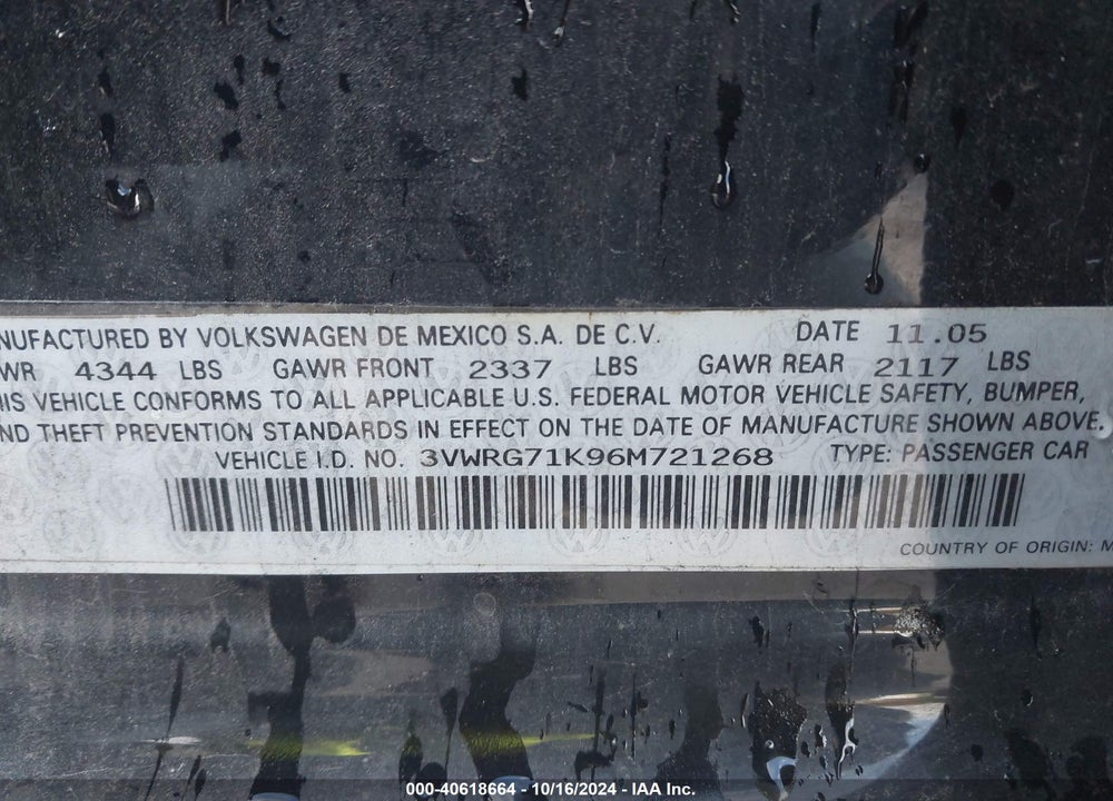 2006 VOLKSWAGEN JETTA 2.5 VIN: 3VWRG71K96M721268