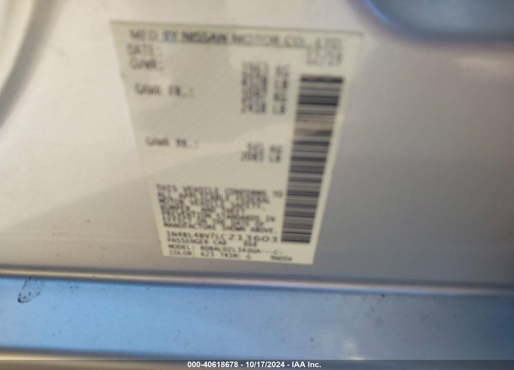 2020 NISSAN ALTIMA S FWD VIN: 1N4BL4BV7LC213603