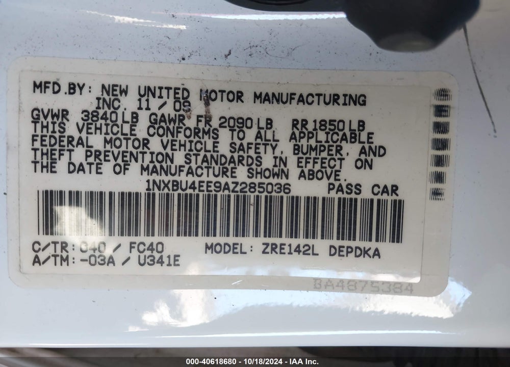 2010 TOYOTA COROLLA LE VIN: 1NXBU4EE9AZ285036