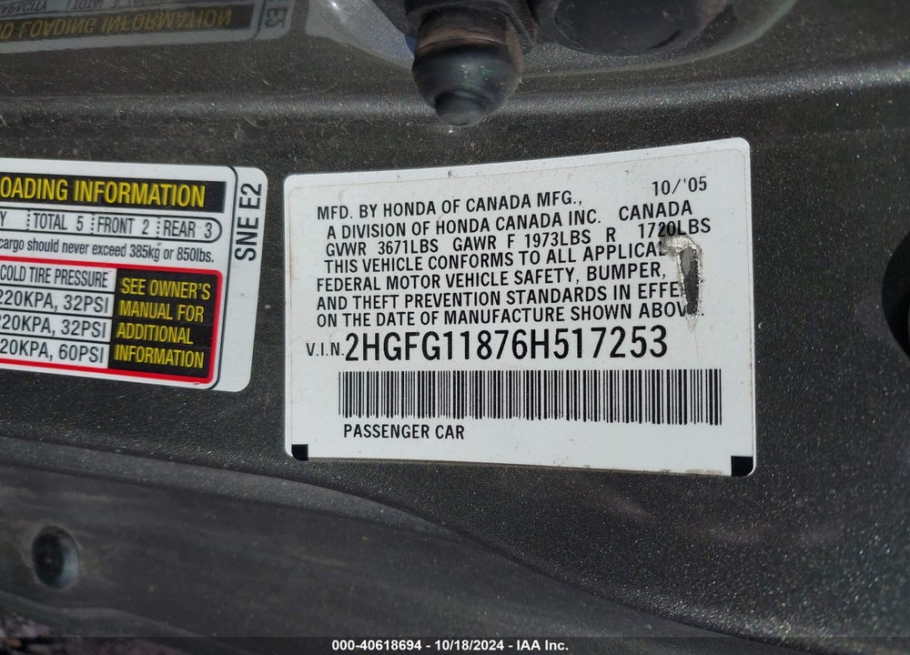 2006 HONDA CIVIC EX VIN: 2HGFG11876H517253