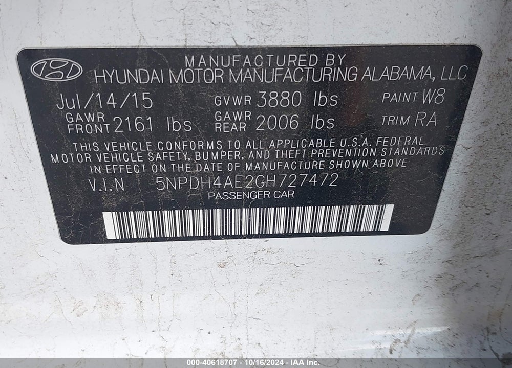 2016 HYUNDAI ELANTRA SE VIN: 5NPDH4AE2GH727472