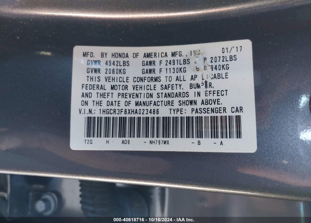 2017 HONDA ACCORD EX-L V6 VIN: 1HGCR3F8XHA023486