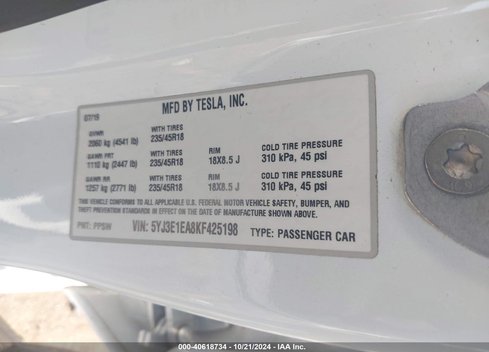 2019 TESLA MODEL 3 LONG RANGE/MID RANGE/STANDARD RANGE/STANDARD RANGE PLUS VIN: 5YJ3E1EA8KF425198