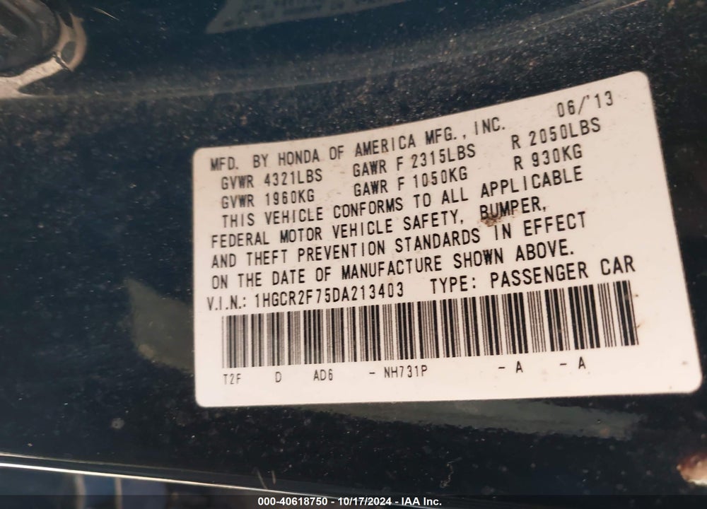 2013 HONDA ACCORD EX VIN: 1HGCR2F75DA213403