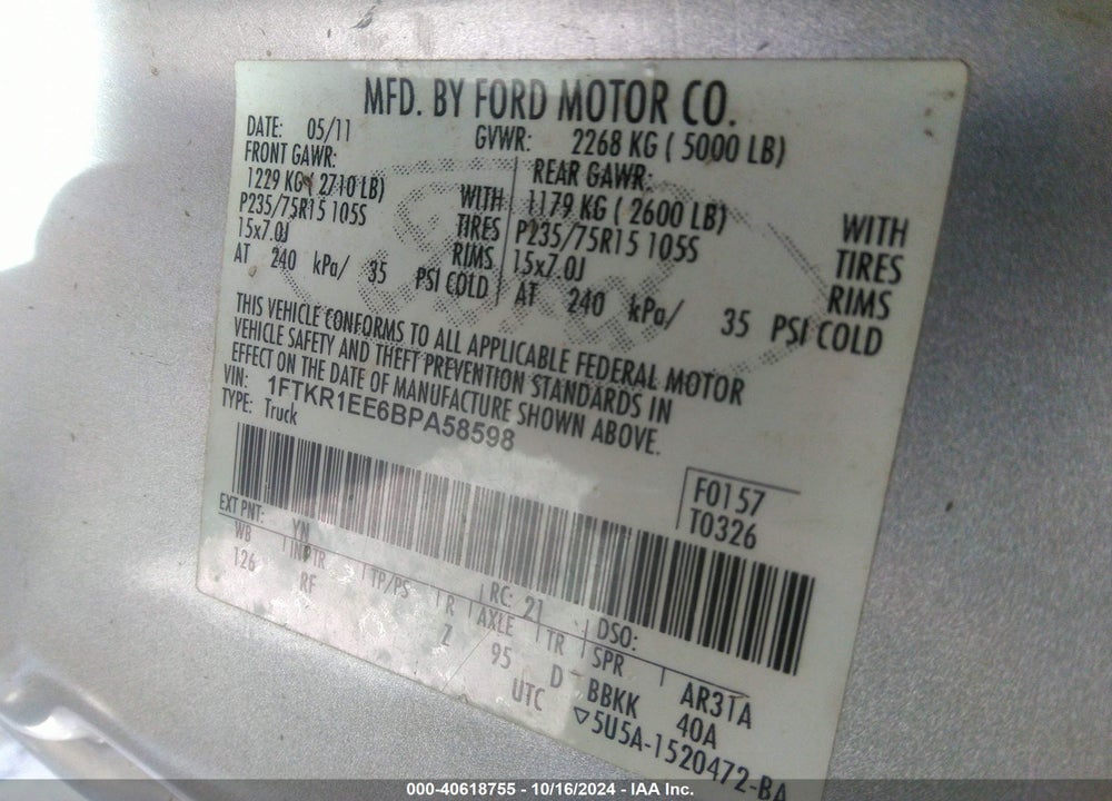 2011 FORD RANGER SPORT VIN: 1FTKR1EE6BPA58598