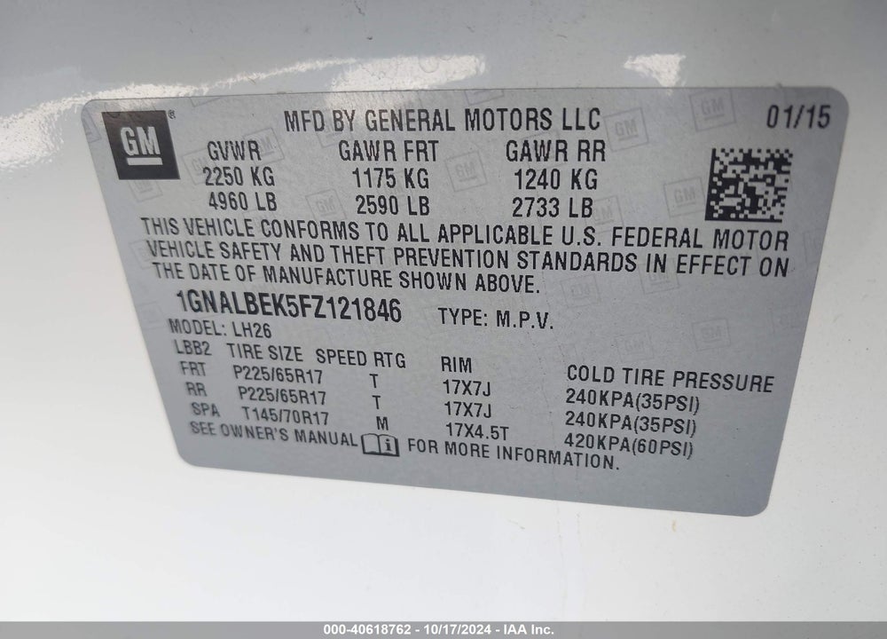 2015 CHEVROLET EQUINOX 1LT VIN: 1GNALBEK5FZ121846