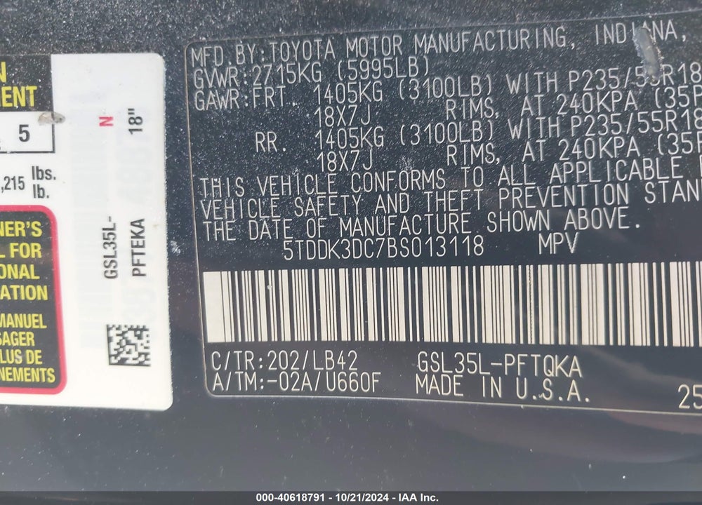 2011 TOYOTA SIENNA XLE LIMITED VIN: 5TDDK3DC7BS013118