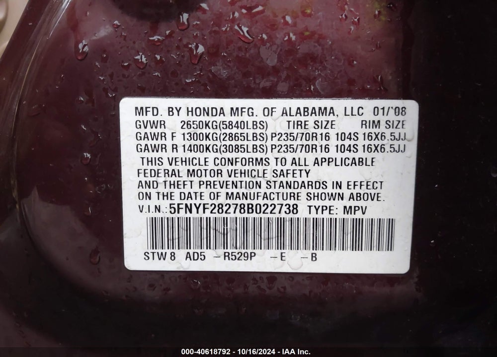 2008 HONDA PILOT VP VIN: 5FNYF28278B022738