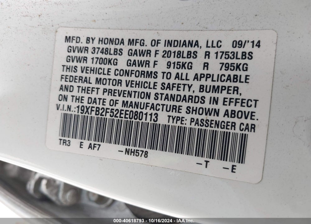 2014 HONDA CIVIC LX VIN: 19XFB2F52EE080113