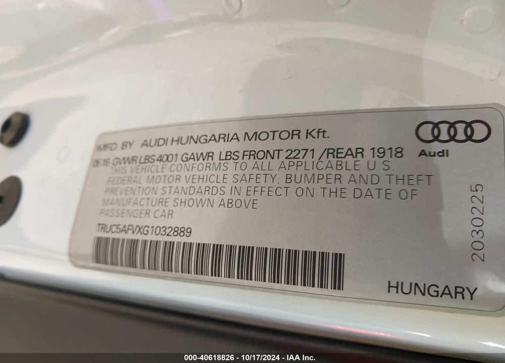 2016 AUDI TT 2.0T VIN: TRUC5AFVXG1032889
