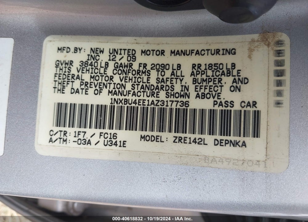 2010 TOYOTA COROLLA XLE VIN: 1NXBU4EE1AZ317736