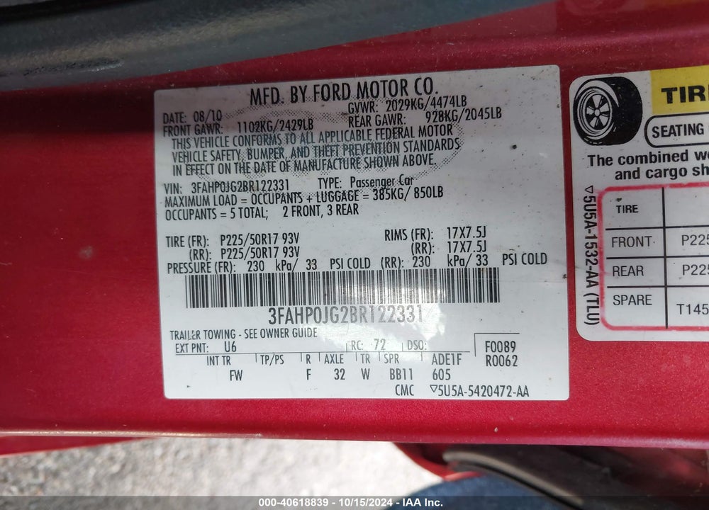2011 FORD FUSION SEL VIN: 3FAHP0JG2BR122331