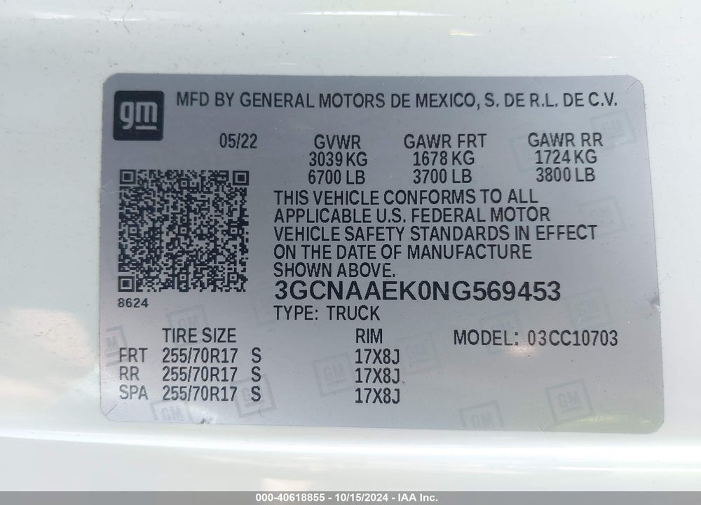 2022 CHEVROLET SILVERADO 1500 2WD REGULAR CAB STANDARD BED WT VIN: 3GCNAAEK0NG569453