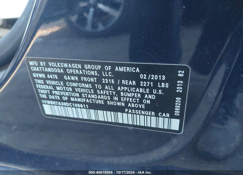 2013 VOLKSWAGEN PASSAT 2.5L SE VIN: 1VWBH7A39DC105611