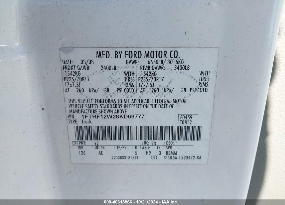 2008 FORD F-150 FX2/STX/XL/XLT VIN: 1FTRF12W28KD69777