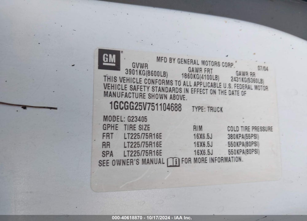 2005 CHEVROLET EXPRESS VIN: 1GCGG25V751104688