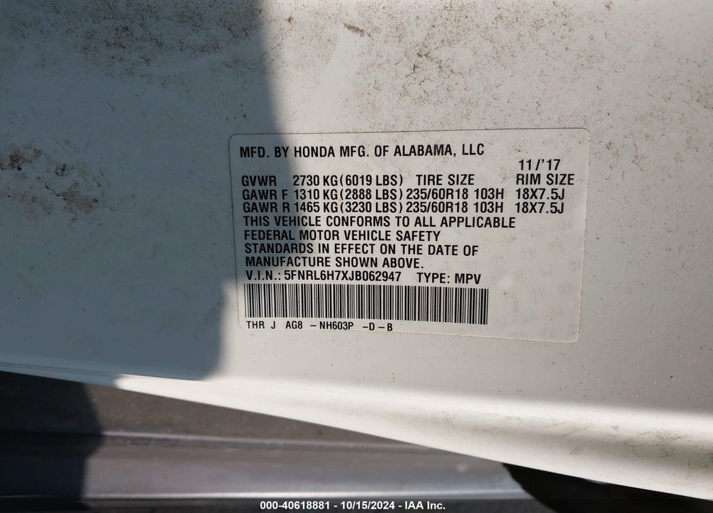 2018 HONDA ODYSSEY EX-L VIN: 5FNRL6H7XJB062947