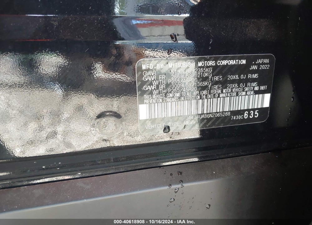 2022 MITSUBISHI OUTLANDER BLACK EDITION /SE 2.5 /SE LAUNCH EDITION VIN: JA4J4UA86NZ065288