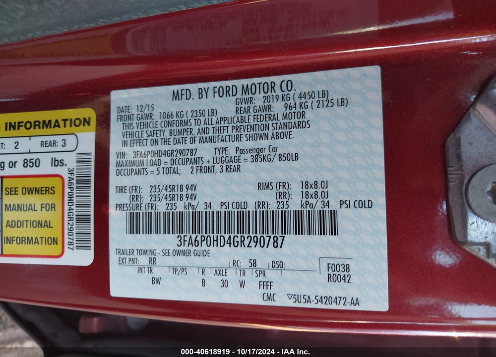 2016 FORD FUSION SE VIN: 3FA6P0HD4GR290787
