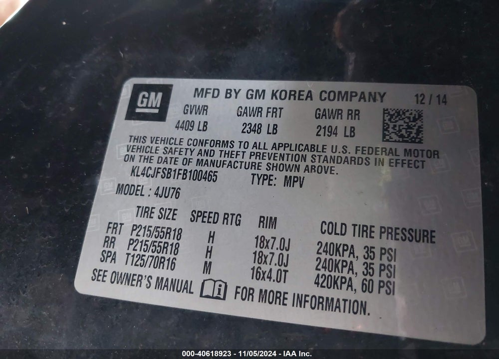 2015 BUICK ENCORE CONVENIENCE VIN: KL4CJFSB1FB100465
