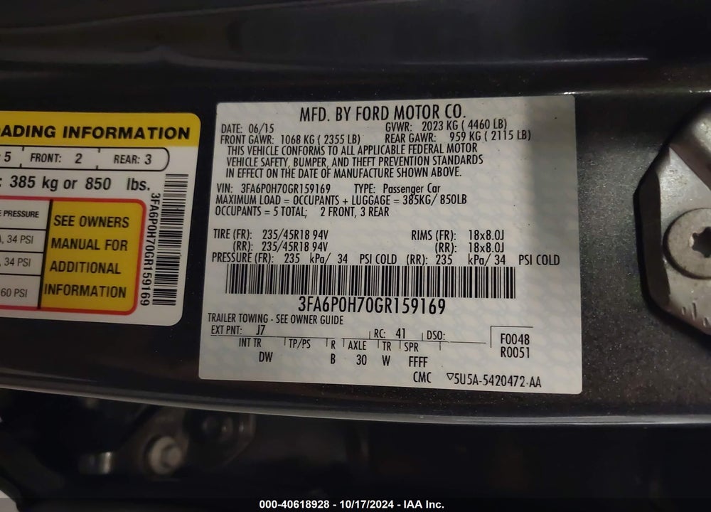 2016 FORD FUSION SE VIN: 3FA6P0H70GR159169