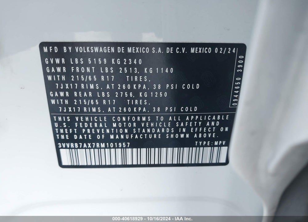 2024 VOLKSWAGEN TIGUAN 2.0T S VIN: 3VVRB7AX7RM101957