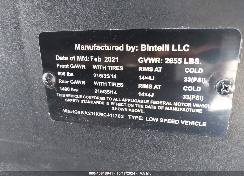 2021 BINITELLI BEYOND VIN: 1G9BA211XMC411702