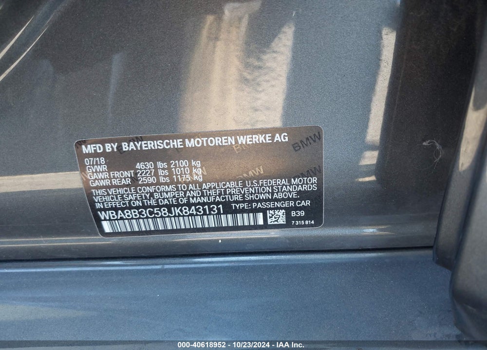 2018 BMW 340I VIN: WBA8B3C58JK843131