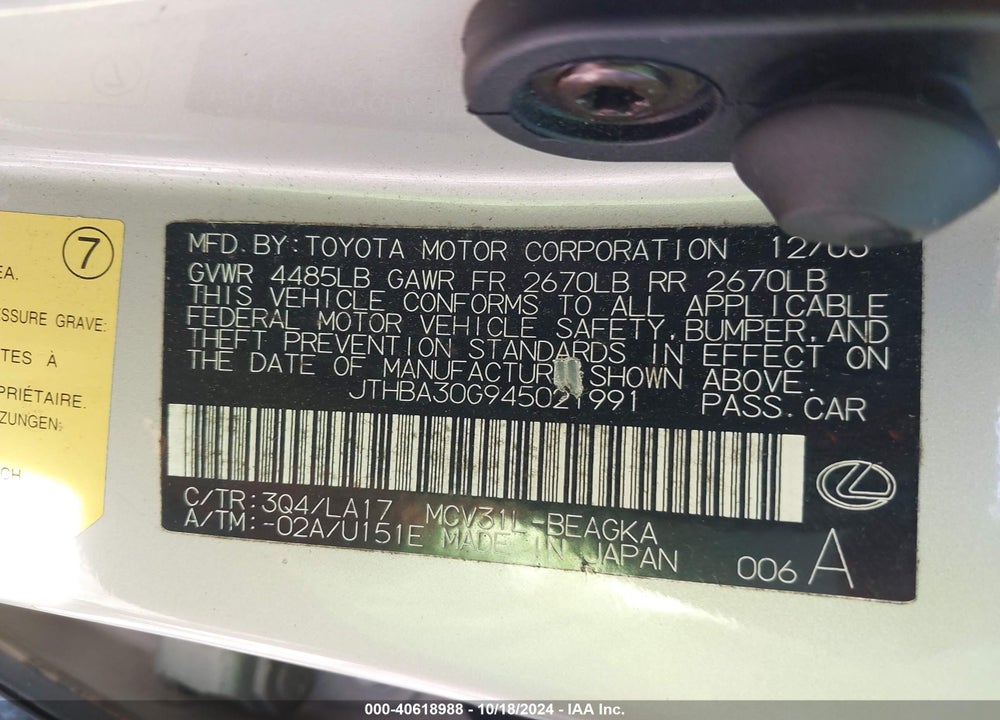2004 LEXUS ES 330 VIN: JTHBA30G945021991