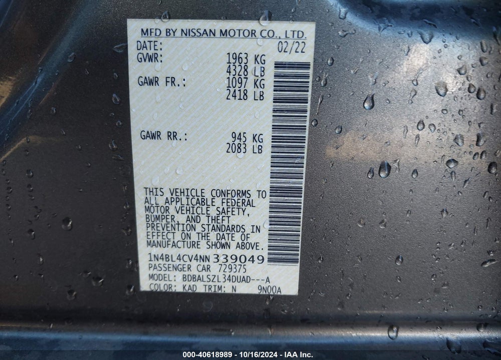 2022 NISSAN ALTIMA SR FWD VIN: 1N4BL4CV4NN339049