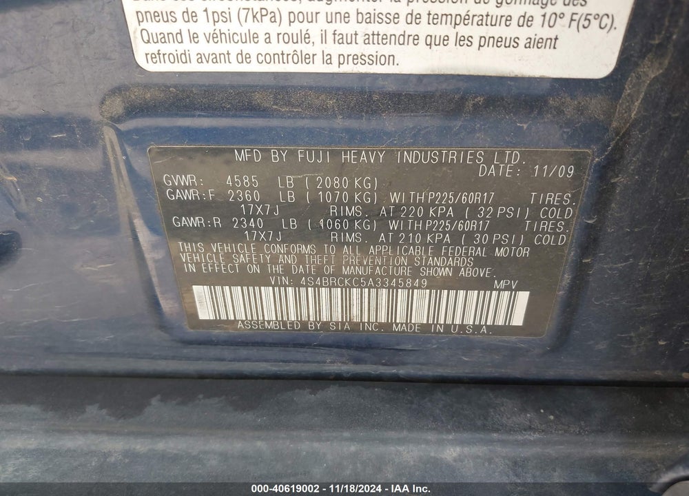 2010 SUBARU OUTBACK VIN: 4S4BRCKC5A3345849