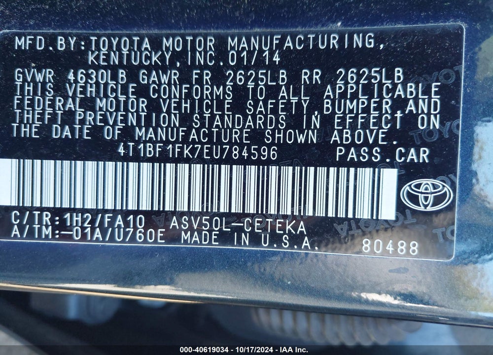 2014 TOYOTA CAMRY L VIN: 4T1BF1FK7EU784596