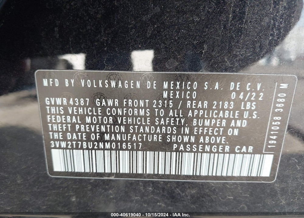 2022 VOLKSWAGEN JETTA GLI 2.0T AUTOBAHN VIN: 3VW2T7BU2NM016517